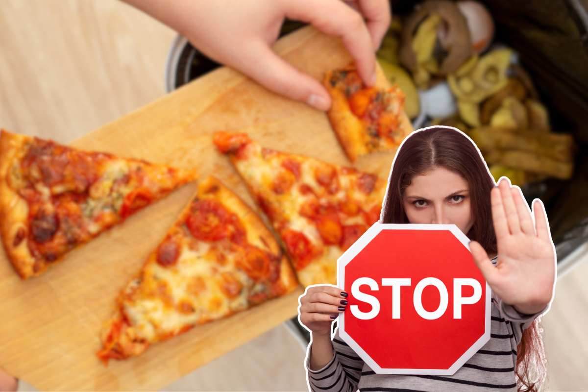 pizza sul tagliare, cestino e ragazza con segnale "stop" in mano